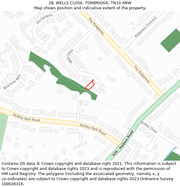 28, WELLS CLOSE, TONBRIDGE, TN10 4NW: Location map and indicative extent of plot