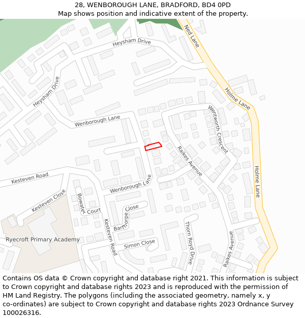 28, WENBOROUGH LANE, BRADFORD, BD4 0PD: Location map and indicative extent of plot