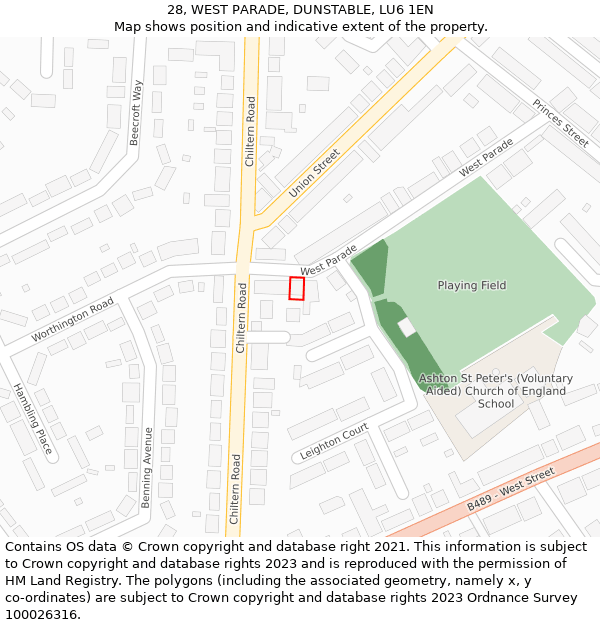 28, WEST PARADE, DUNSTABLE, LU6 1EN: Location map and indicative extent of plot