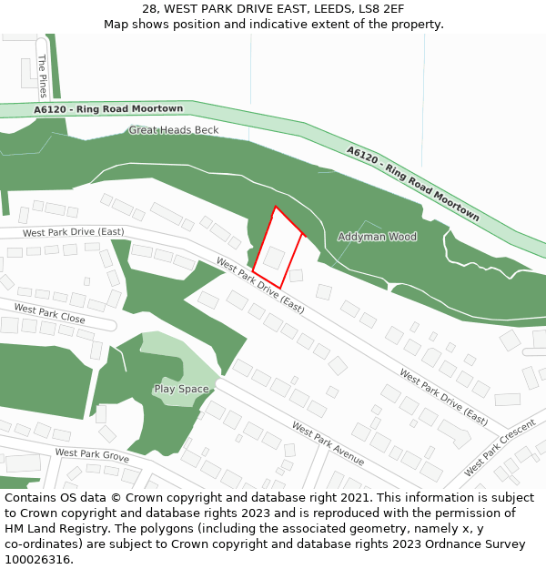28, WEST PARK DRIVE EAST, LEEDS, LS8 2EF: Location map and indicative extent of plot