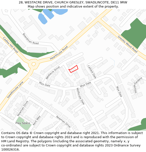 28, WESTACRE DRIVE, CHURCH GRESLEY, SWADLINCOTE, DE11 9RW: Location map and indicative extent of plot