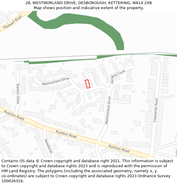 28, WESTMORLAND DRIVE, DESBOROUGH, KETTERING, NN14 2XB: Location map and indicative extent of plot