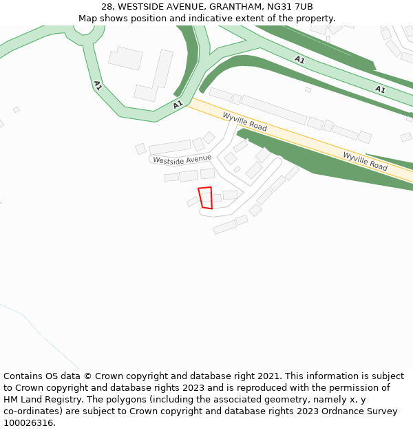 28, WESTSIDE AVENUE, GRANTHAM, NG31 7UB: Location map and indicative extent of plot
