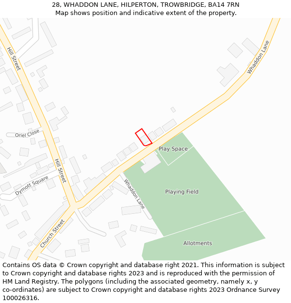 28, WHADDON LANE, HILPERTON, TROWBRIDGE, BA14 7RN: Location map and indicative extent of plot