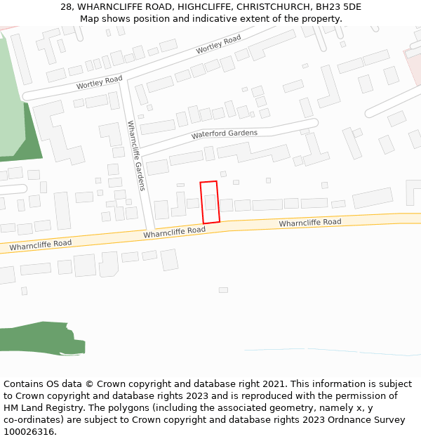 28, WHARNCLIFFE ROAD, HIGHCLIFFE, CHRISTCHURCH, BH23 5DE: Location map and indicative extent of plot