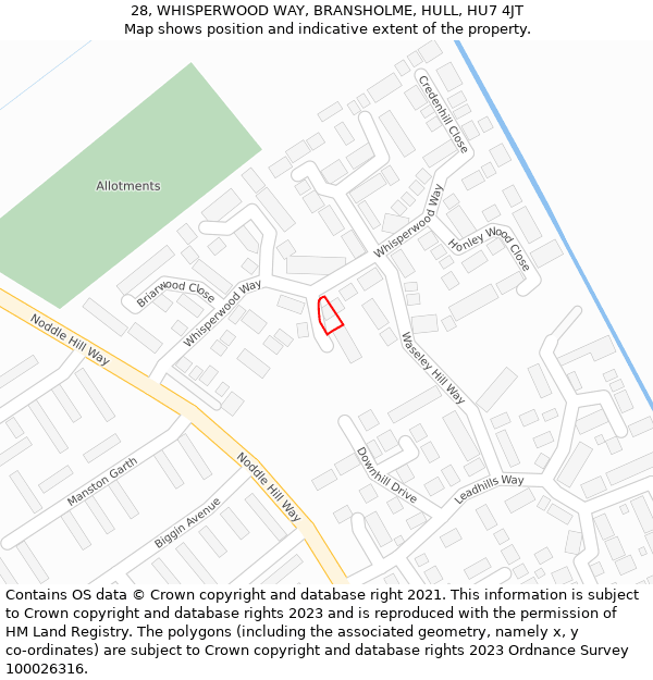 28, WHISPERWOOD WAY, BRANSHOLME, HULL, HU7 4JT: Location map and indicative extent of plot