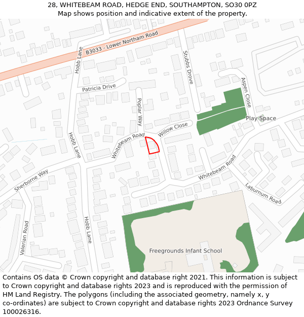 28, WHITEBEAM ROAD, HEDGE END, SOUTHAMPTON, SO30 0PZ: Location map and indicative extent of plot