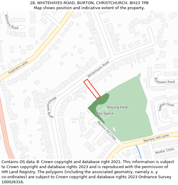 28, WHITEHAYES ROAD, BURTON, CHRISTCHURCH, BH23 7PB: Location map and indicative extent of plot