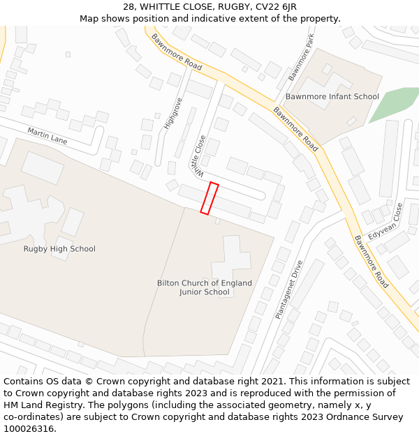 28, WHITTLE CLOSE, RUGBY, CV22 6JR: Location map and indicative extent of plot