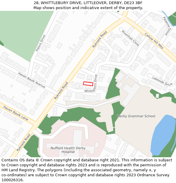28, WHITTLEBURY DRIVE, LITTLEOVER, DERBY, DE23 3BF: Location map and indicative extent of plot