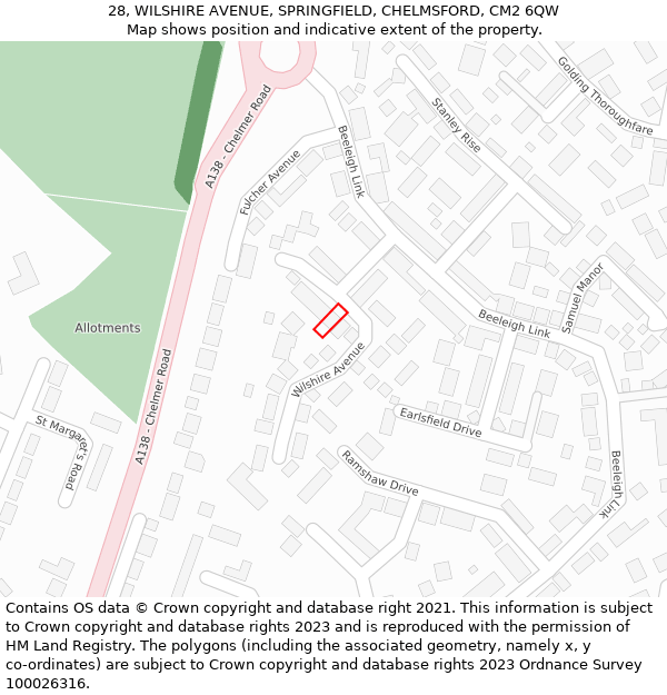 28, WILSHIRE AVENUE, SPRINGFIELD, CHELMSFORD, CM2 6QW: Location map and indicative extent of plot