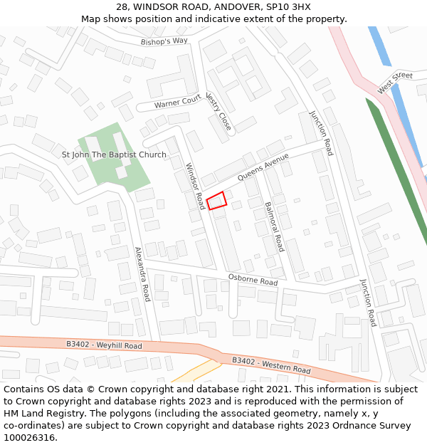 28, WINDSOR ROAD, ANDOVER, SP10 3HX: Location map and indicative extent of plot