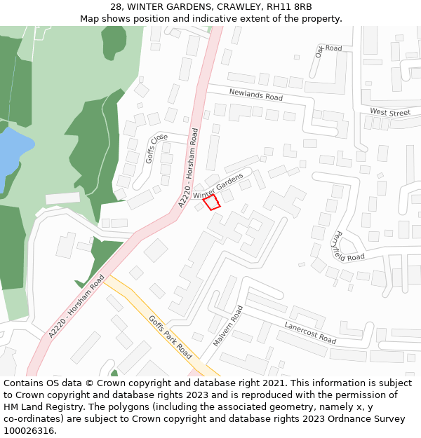 28, WINTER GARDENS, CRAWLEY, RH11 8RB: Location map and indicative extent of plot