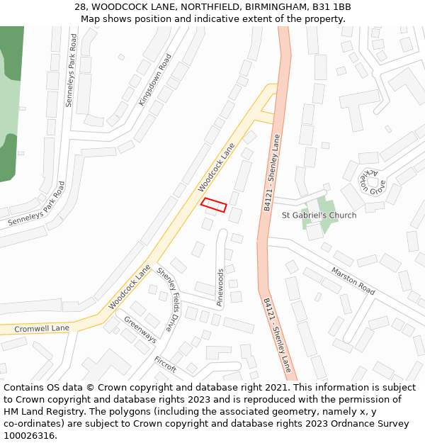 28, WOODCOCK LANE, NORTHFIELD, BIRMINGHAM, B31 1BB: Location map and indicative extent of plot