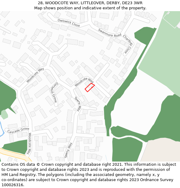28, WOODCOTE WAY, LITTLEOVER, DERBY, DE23 3WR: Location map and indicative extent of plot