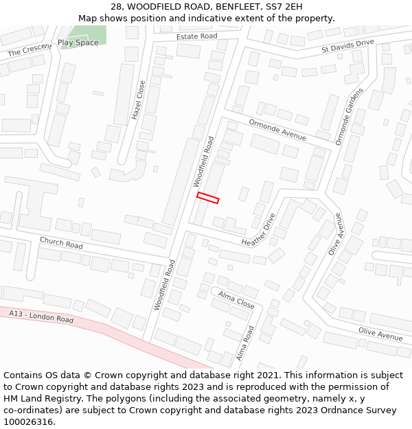 28, WOODFIELD ROAD, BENFLEET, SS7 2EH: Location map and indicative extent of plot