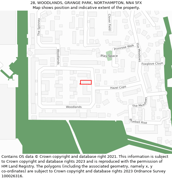 28, WOODLANDS, GRANGE PARK, NORTHAMPTON, NN4 5FX: Location map and indicative extent of plot