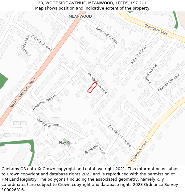 28, WOODSIDE AVENUE, MEANWOOD, LEEDS, LS7 2UL: Location map and indicative extent of plot