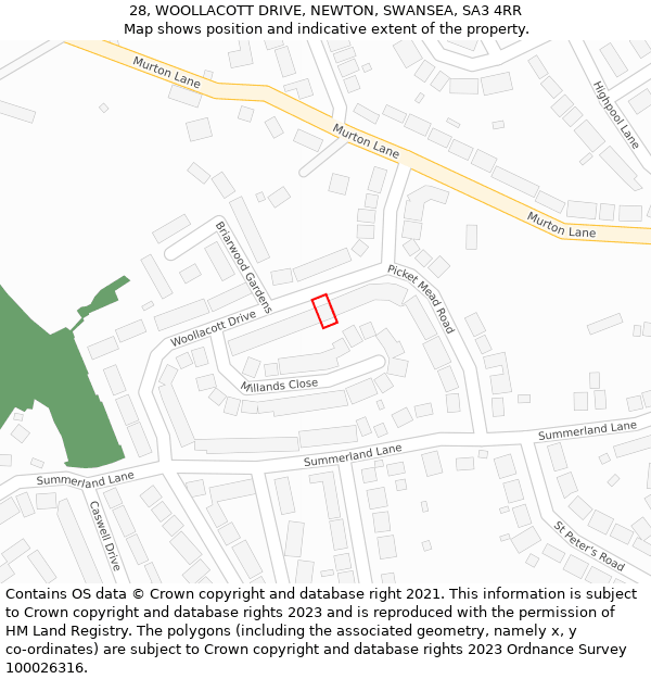 28, WOOLLACOTT DRIVE, NEWTON, SWANSEA, SA3 4RR: Location map and indicative extent of plot