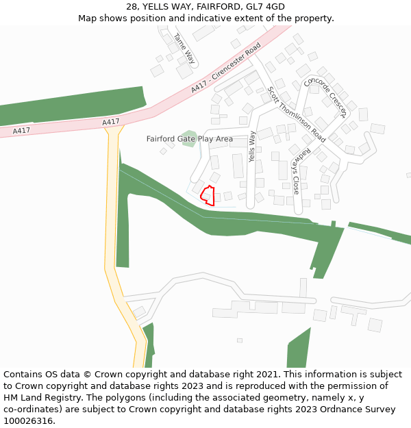 28, YELLS WAY, FAIRFORD, GL7 4GD: Location map and indicative extent of plot