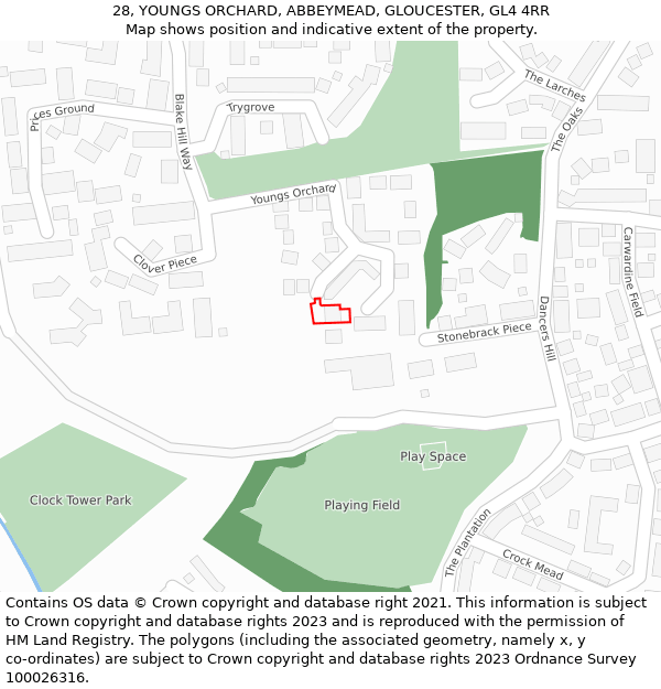 28, YOUNGS ORCHARD, ABBEYMEAD, GLOUCESTER, GL4 4RR: Location map and indicative extent of plot
