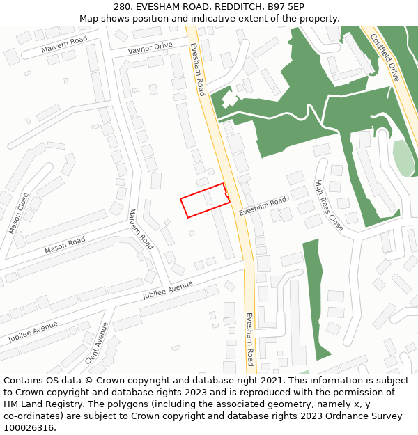 280, EVESHAM ROAD, REDDITCH, B97 5EP: Location map and indicative extent of plot