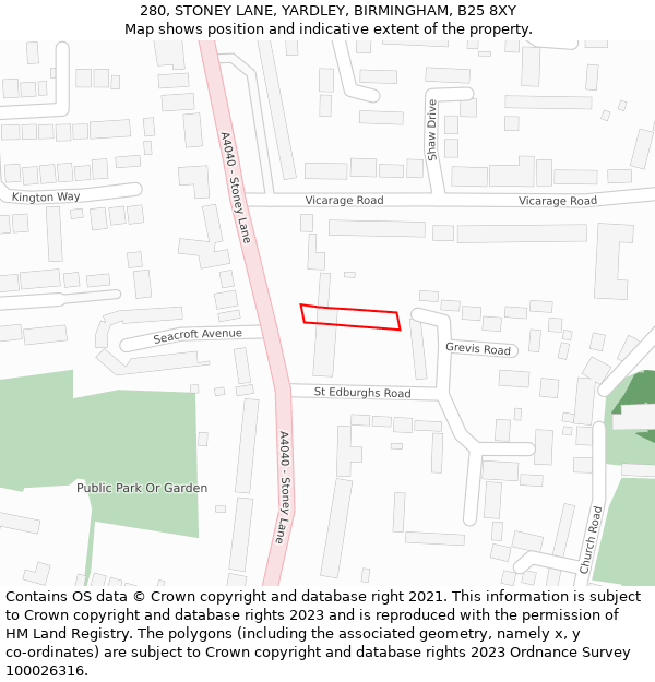 280, STONEY LANE, YARDLEY, BIRMINGHAM, B25 8XY: Location map and indicative extent of plot