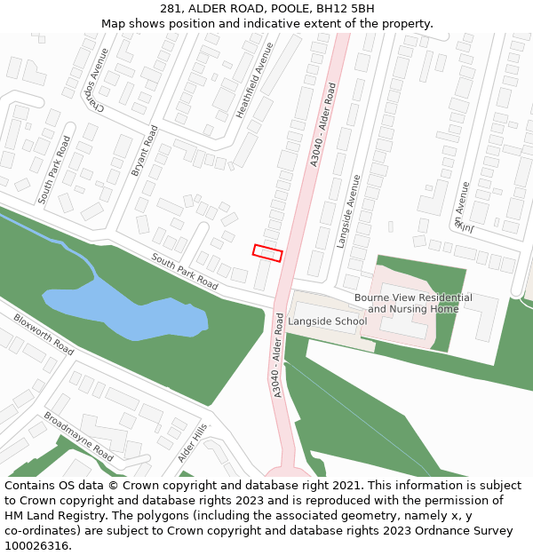 281, ALDER ROAD, POOLE, BH12 5BH: Location map and indicative extent of plot
