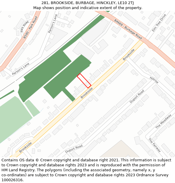 281, BROOKSIDE, BURBAGE, HINCKLEY, LE10 2TJ: Location map and indicative extent of plot