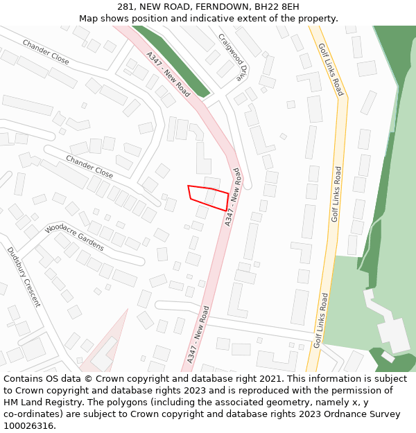 281, NEW ROAD, FERNDOWN, BH22 8EH: Location map and indicative extent of plot