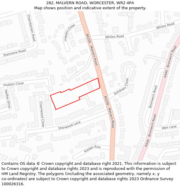 282, MALVERN ROAD, WORCESTER, WR2 4PA: Location map and indicative extent of plot