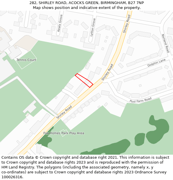 282, SHIRLEY ROAD, ACOCKS GREEN, BIRMINGHAM, B27 7NP: Location map and indicative extent of plot