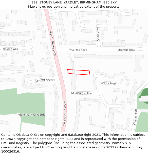 282, STONEY LANE, YARDLEY, BIRMINGHAM, B25 8XY: Location map and indicative extent of plot