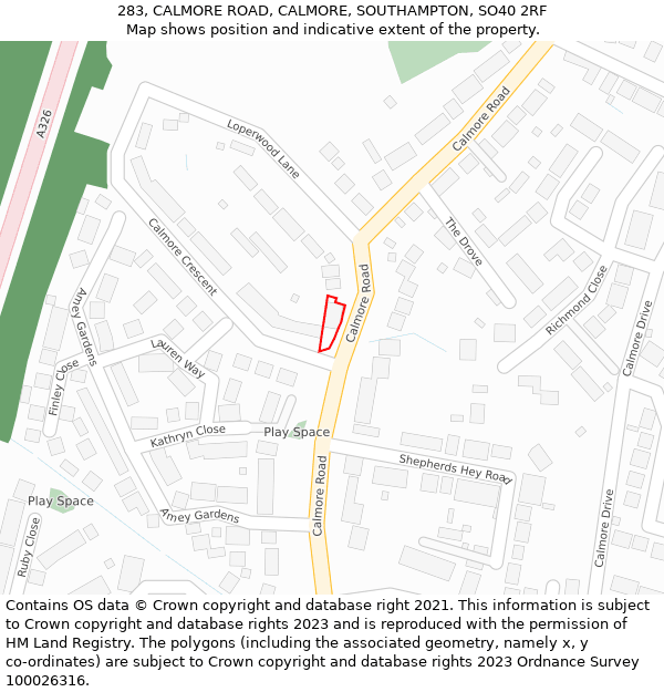 283, CALMORE ROAD, CALMORE, SOUTHAMPTON, SO40 2RF: Location map and indicative extent of plot