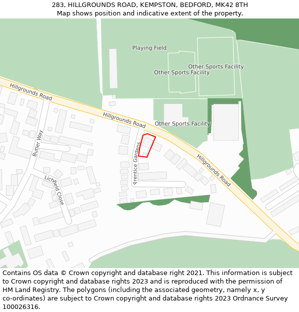 283, HILLGROUNDS ROAD, KEMPSTON, BEDFORD, MK42 8TH: Location map and indicative extent of plot