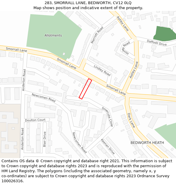 283, SMORRALL LANE, BEDWORTH, CV12 0LQ: Location map and indicative extent of plot