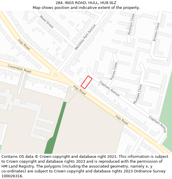 284, INGS ROAD, HULL, HU8 0LZ: Location map and indicative extent of plot