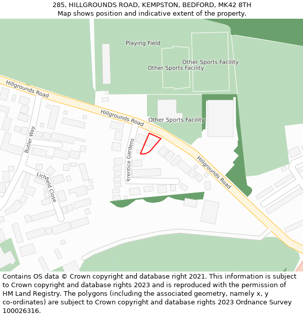 285, HILLGROUNDS ROAD, KEMPSTON, BEDFORD, MK42 8TH: Location map and indicative extent of plot
