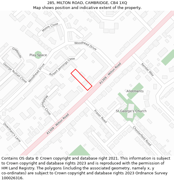 285, MILTON ROAD, CAMBRIDGE, CB4 1XQ: Location map and indicative extent of plot