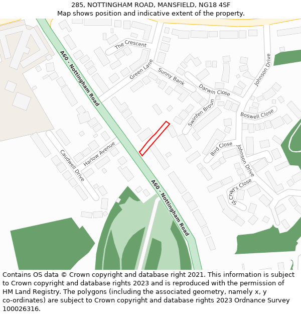 285, NOTTINGHAM ROAD, MANSFIELD, NG18 4SF: Location map and indicative extent of plot