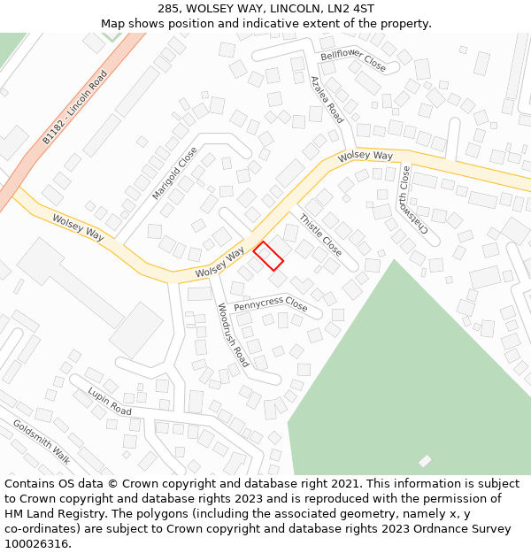 285, WOLSEY WAY, LINCOLN, LN2 4ST: Location map and indicative extent of plot
