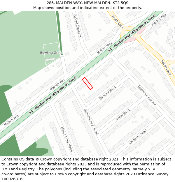 286, MALDEN WAY, NEW MALDEN, KT3 5QS: Location map and indicative extent of plot