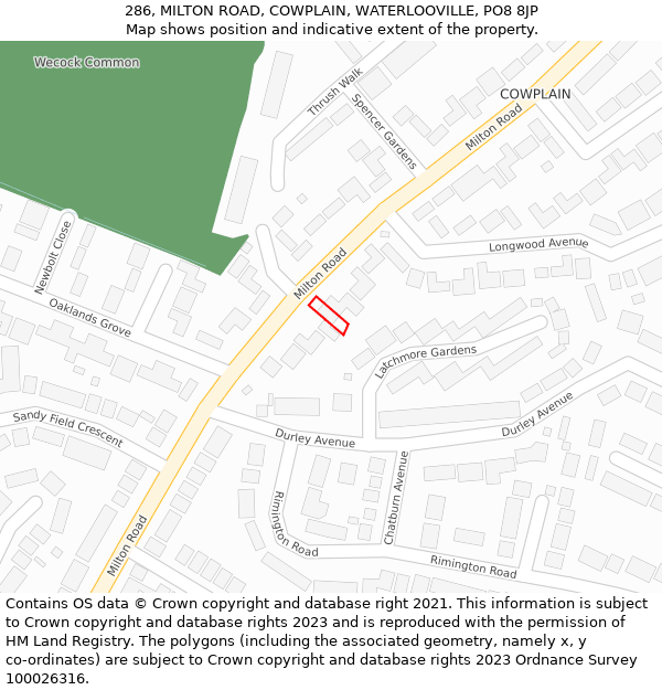 286, MILTON ROAD, COWPLAIN, WATERLOOVILLE, PO8 8JP: Location map and indicative extent of plot
