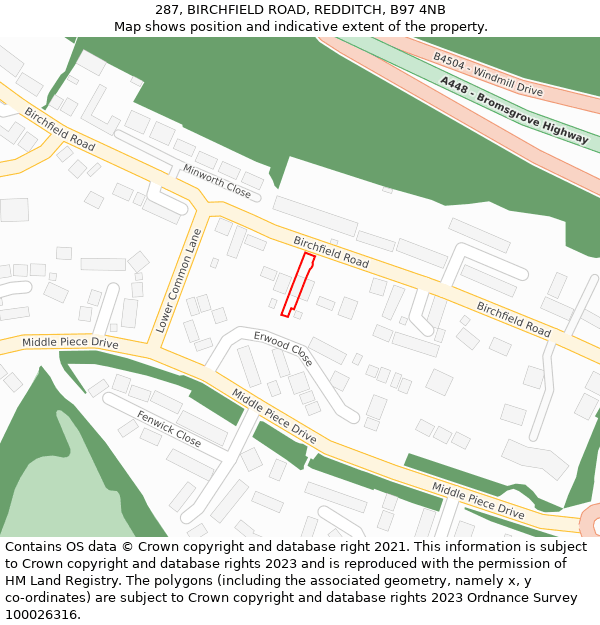 287, BIRCHFIELD ROAD, REDDITCH, B97 4NB: Location map and indicative extent of plot