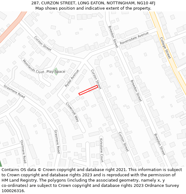 287, CURZON STREET, LONG EATON, NOTTINGHAM, NG10 4FJ: Location map and indicative extent of plot