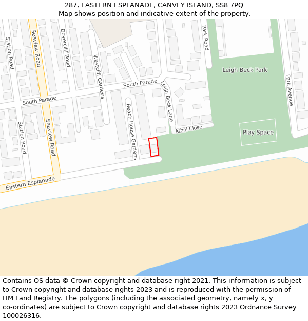 287, EASTERN ESPLANADE, CANVEY ISLAND, SS8 7PQ: Location map and indicative extent of plot