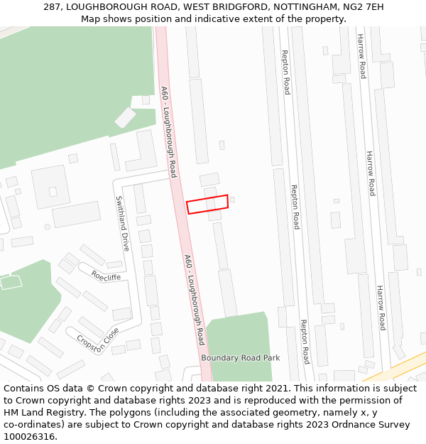 287, LOUGHBOROUGH ROAD, WEST BRIDGFORD, NOTTINGHAM, NG2 7EH: Location map and indicative extent of plot