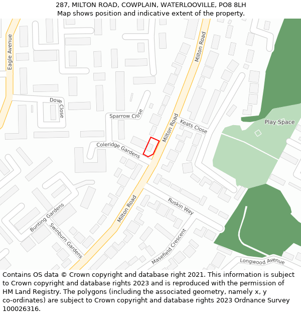 287, MILTON ROAD, COWPLAIN, WATERLOOVILLE, PO8 8LH: Location map and indicative extent of plot