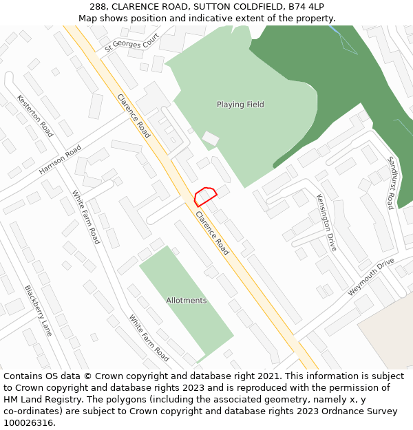 288, CLARENCE ROAD, SUTTON COLDFIELD, B74 4LP: Location map and indicative extent of plot