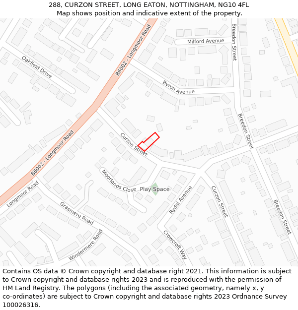 288, CURZON STREET, LONG EATON, NOTTINGHAM, NG10 4FL: Location map and indicative extent of plot